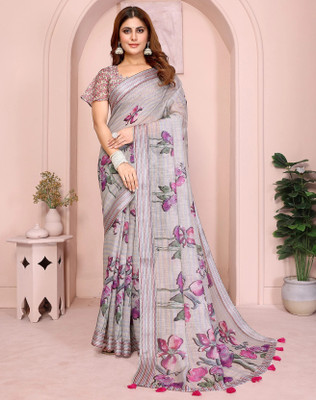 jya Floral Print, Digital Print Bollywood Cotton Linen Saree(Grey)