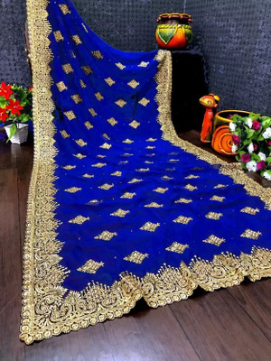 MIYANIFAB Embroidered Bollywood Georgette Saree(Blue)