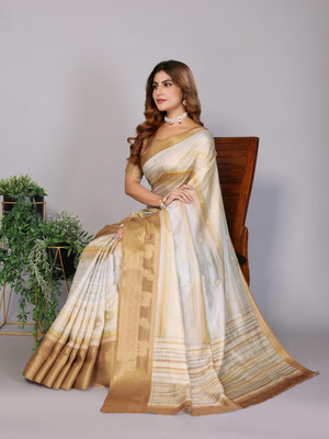 FABOATH Printed Handloom Silk Blend Saree(Cream)