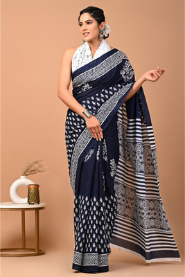 Tetarwal Printed Daily Wear Pure Cotton Saree(Dark Blue)