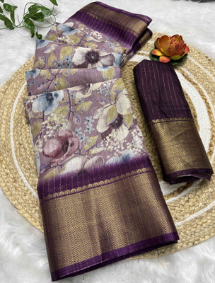 RegalDrapes Floral Print Bollywood Silk Blend, Art Silk Saree(Purple)