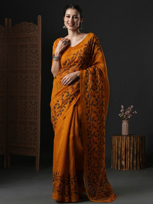 ANOUK Printed Bollywood Cotton Blend Saree(Yellow)