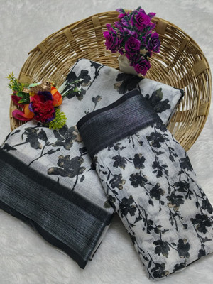 Gajal Floral Print Kanjivaram Pure Cotton, Cotton Linen Saree(White)