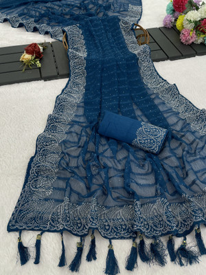 VEERAIVA Embellished Bollywood Chiffon Saree(Light Blue)
