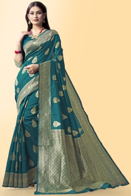 Fanla Floral Print Banarasi Cotton Silk Saree(Green)