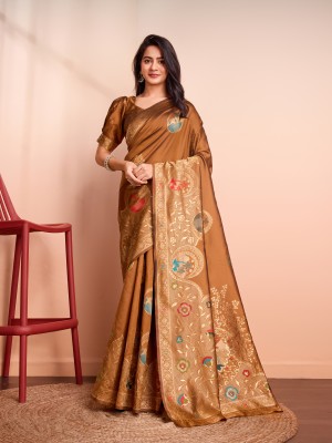 RICH & ROMAN Embellished, Woven Banarasi Jacquard, Pure Silk Saree(Mustard)