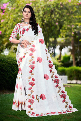 parakhiya fab Digital Print Handloom Cotton Linen Saree(White)