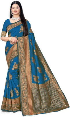 Lucyrao Fashion Woven, Floral Print, Temple Border, Embellished Mysore Jacquard Saree(Light Blue)