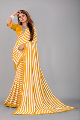 LIMTD Printed Bollywood Georgette, Chiffon Saree(Yellow)