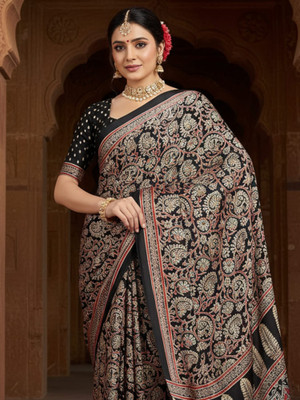 all about you Printed Hand Batik Crepe Saree(Black)