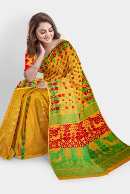 SONGITASAREE Woven Jamdani Cotton Blend, Jacquard Saree(Yellow)