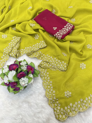 V AMAN FASHION Solid/Plain, Self Design Bollywood Chiffon Saree(Yellow)
