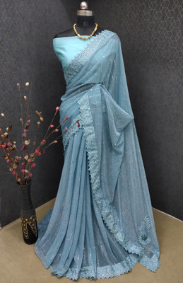 YUVIFLAIR Self Design Bollywood Lycra Blend Saree(Blue)