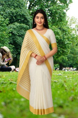 SHRISAREEESa Striped Bollywood Pure Cotton Saree(White, Beige)