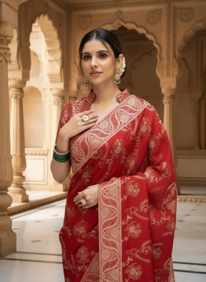 Bindi Woven Bandhani Silk Blend, Jacquard Saree(Red)