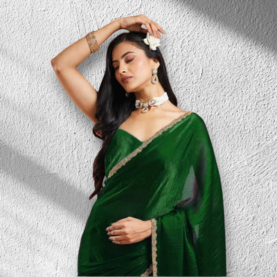 SHANI CREATIONS Solid/Plain Bollywood Jimmy choo Saree(Green)