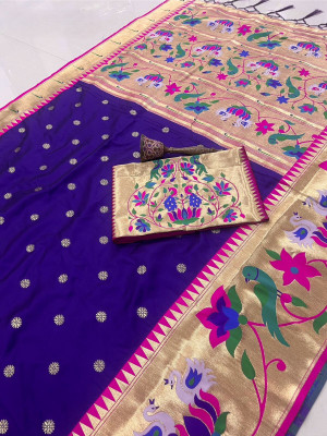 HouseOfCommon Woven Paithani Cotton Silk Saree(Purple)