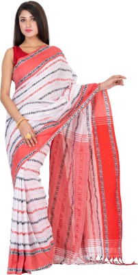 SAYAN CREATION Striped Handloom Pure Cotton Saree(White, Red, Black)