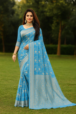 Suntex Woven Banarasi Cotton Blend Saree(Light Blue)