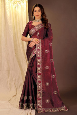 VKARAN Embroidered Saree with Attached Blouse Jimmy choo Saree(Maroon)