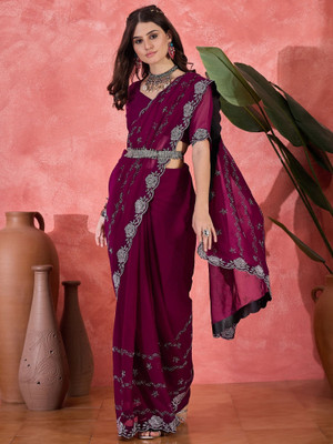 Vichitra Embellished Bollywood Chiffon Saree(Purple)