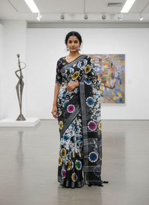 Hema Silk Mills Digital Print Bollywood Linen Saree(Black)