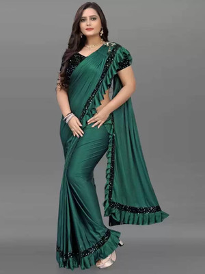 UNICK Solid/Plain Bollywood Lycra Blend Saree(Green)