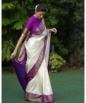Varda Woven Kanjivaram Art Silk Saree(Cream, Purple)