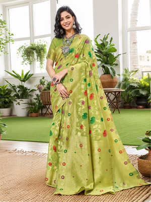 ANOUK Floral Print Chanderi Cotton Blend Saree(Light Green)