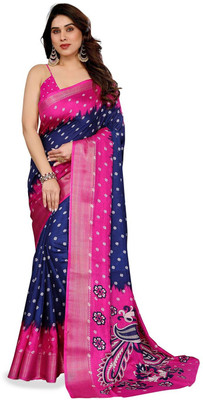 Moda Rapido Printed Bandhani Silk Blend Saree(Dark Blue, Pink)