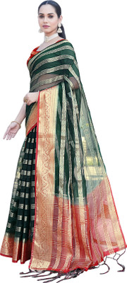 Aarunika MNT Woven Bollywood Organza Saree(Dark Green)