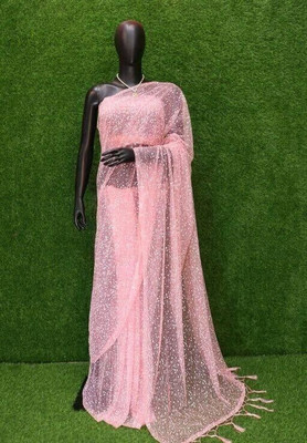 TECHNO WORLD Printed Banarasi Net Saree(Pink)
