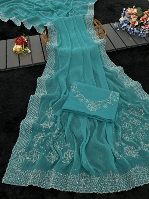 Jennyfab Embellished Bollywood Organza Saree(Light Blue)