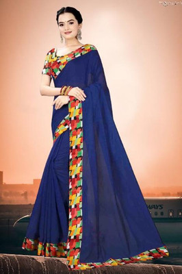 manish Solid/Plain Chanderi Cotton Blend Saree(Dark Blue)