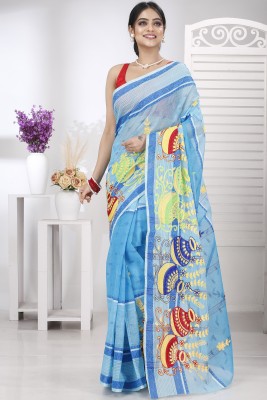 DipDiya Embroidered, Woven, Paisley Tant Pure Cotton Saree(Light Blue)