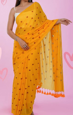 Shubharam Floral Print, Printed Bollywood Linen, Cotton Blend Saree(Yellow)