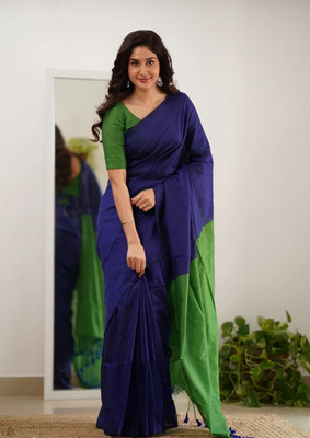 Raees Ethnic Solid/Plain Handloom Cotton Blend Saree(Blue, Green)