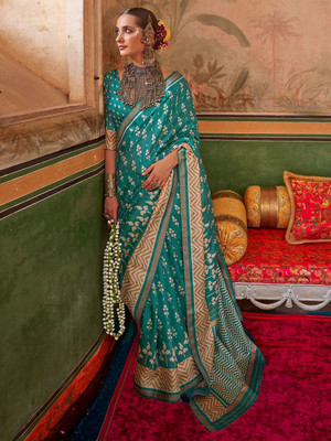 ANOUK Printed Pochampally Silk Blend Saree(Light Blue)