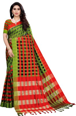 SARETRA MALL Woven Kanjivaram Cotton Silk Saree(Red, Green)