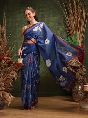 SILK ZONE Digital Print Banarasi Tissue Saree(Dark Blue)