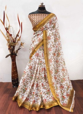 Gajal Printed Bollywood Cotton Silk, Cotton Linen Saree(White)