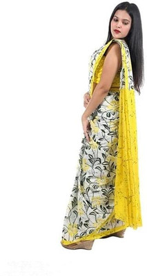 Suraj International Blocked Printed, Checkered, Digital Print, Dyed, Floral Print, Printed, Self Design Daily Wear Pure Cotton Saree(Yellow)