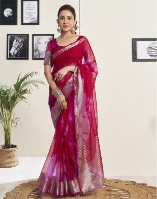 Satrani Printed, Woven, Self Design, Embellished, Striped Banarasi Organza Saree(Red, Purple, Gold)