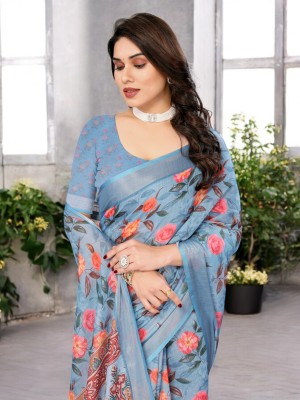 THE URBAN DIVA Printed Bollywood Linen Saree(Light Blue, Pink, Orange)