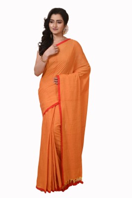 Oishani Saree Ghor Self Design Handloom Pure Cotton Saree(Orange)