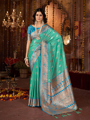 Mehrang Self Design Banarasi Pure Silk Saree(Blue, Green)