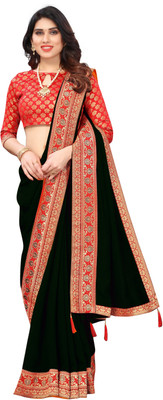 AANZIA Embroidered Bollywood Polyester Saree(Black)