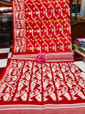 Soma Tant saree Mahal Self Design, Woven, Geometric Print Handloom Cotton Silk Saree(Red)