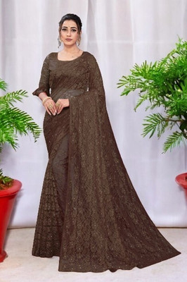 NORAFLEX Embroidered Bollywood Net Saree(Brown)
