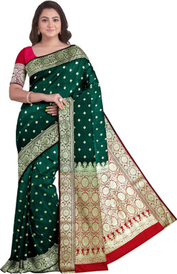 Zoofa Creation Woven Banarasi Satin Saree(Dark Green)